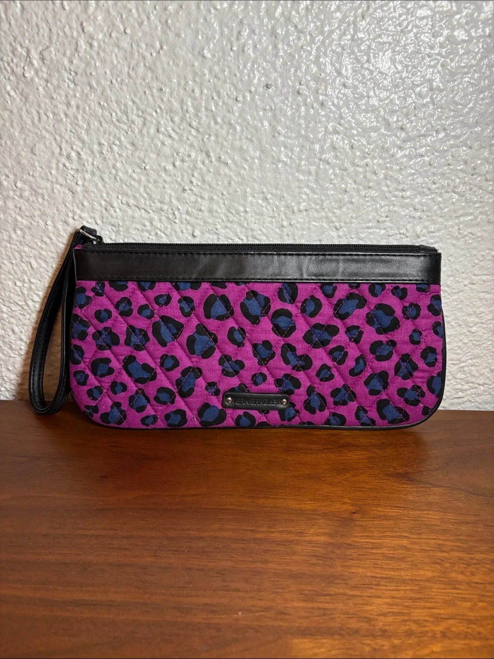 Vera Bradley Purple Leopard Print Wristlet Clutch with Black Leather Trim